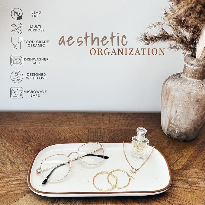 Mora Ceramic Decorative Tray - Rectangle 10in Dish for Jewelry, Soap Dispenser, Perfume, Makeup, Accessories, Candle, in The Bathroom Vanity, Bedside, or Kitchen Counter. Cute Organizers - White