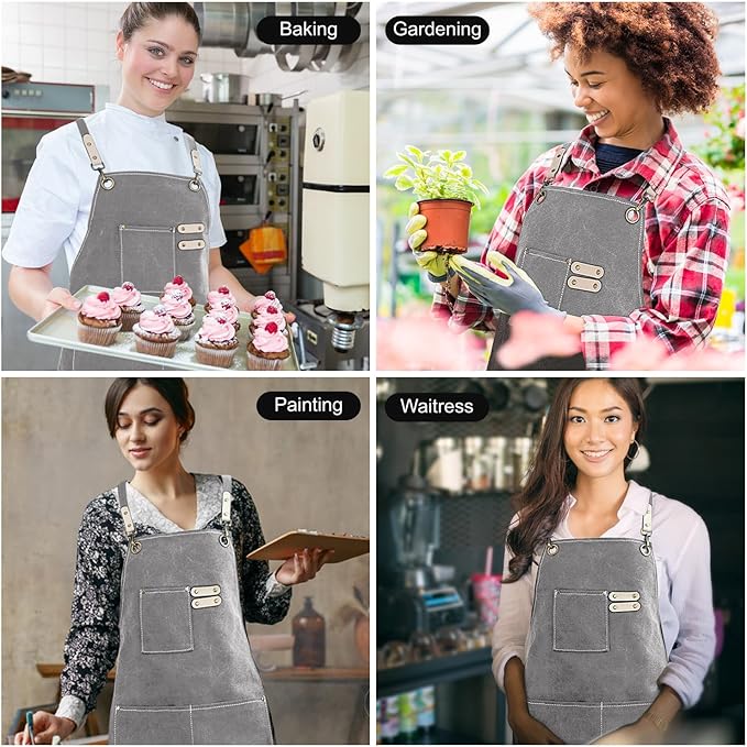 Cotton Canvas Cross Back Apron for Art Painting Garden Chef Bartender Work,Women Men 3 Pockets Waterproof Adjustable M-XXL