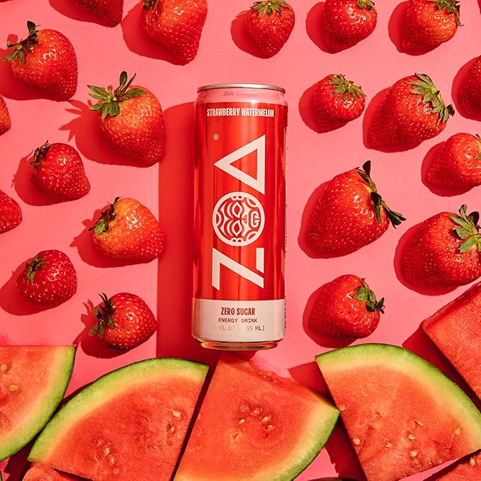 ZOA Zero Sugar Energy Drinks, Strawberry Watermelon - Sugar Free with Electrolytes, Healthy Vitamin C, Amino Acids, Essential B-Vitamins, and Caffeine from Green Tea - 12 Fl Oz (12-Pack)