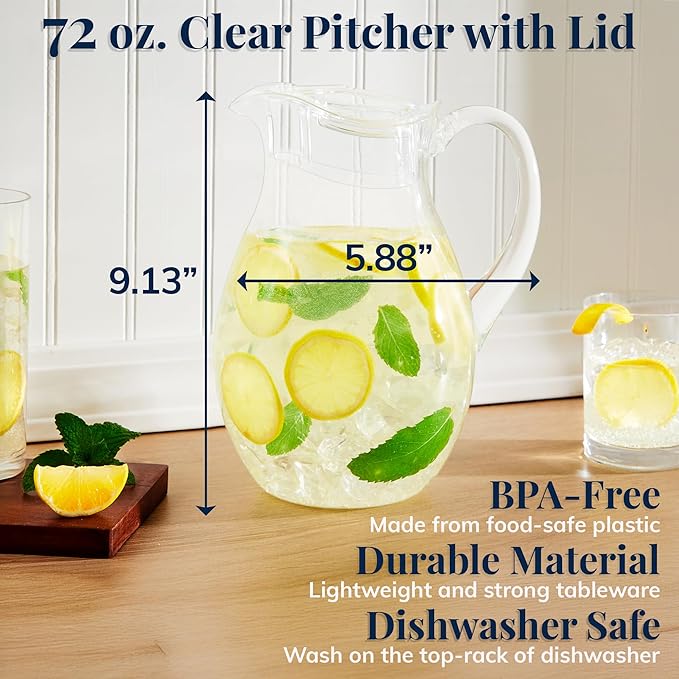 US Acrylic 72oz Acrylic Clear Acrylic Pitcher with Lid, Reusable, BPA-free, Indoor and Outdoor Pitcher for Water, Lemonade, Juice, and Soda Pop