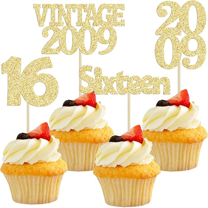 Gyufise 24Pcs Sweet 16 Cupcake Toppers Glitter Sixteen Vintage 2009 16th Birthday Cupcake Picks Hello 16 Years Birthday Cake Decorations for Happy 16th Anniversary Party Supplies Gold