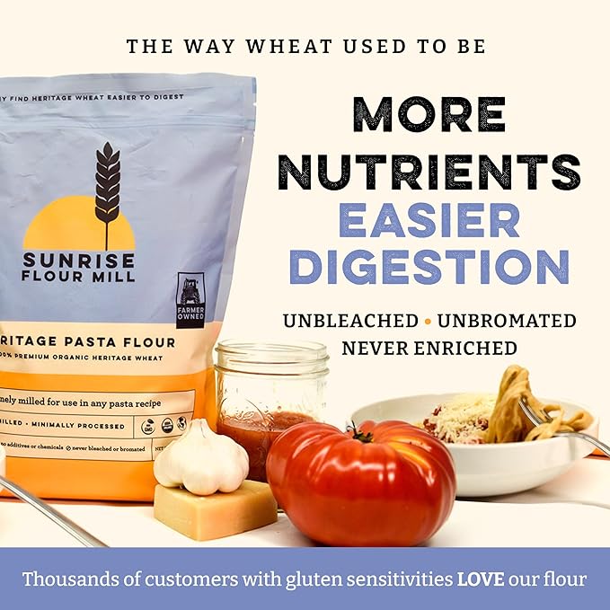 Sunrise Flour Mill USDA Organic Heritage Pasta Flour - 2 lbs | Milled from Hard Red Wheat | Easier to Digest with Less Bloating | No Bleaching or Bromating | Zero Additives