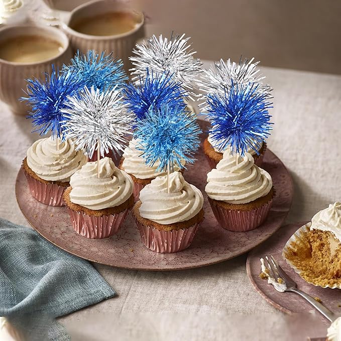 30 PCS Foil Firework Cupcake Toppers Sparkle Tinsel Cupcakae Picks Foil Firework Decorations Cocktail Fruit Toothpick for Fireworks Theme Birthday Wedding Graduation Party Decor Blue Silver Light Blue