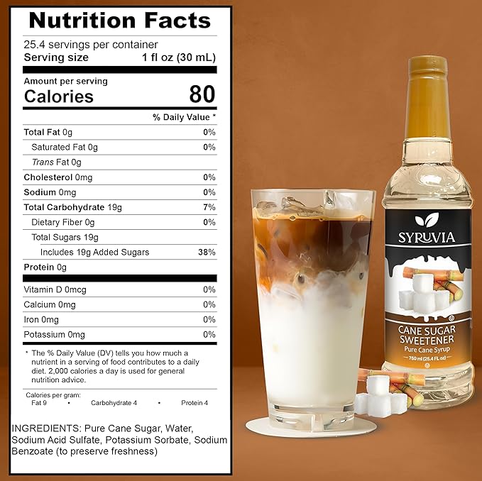 Syruvia Coffee Syrup, Cane Sugar Sweetener Flavored Syrup for Drinks, Lattes, and Desserts – 25.4 fl oz