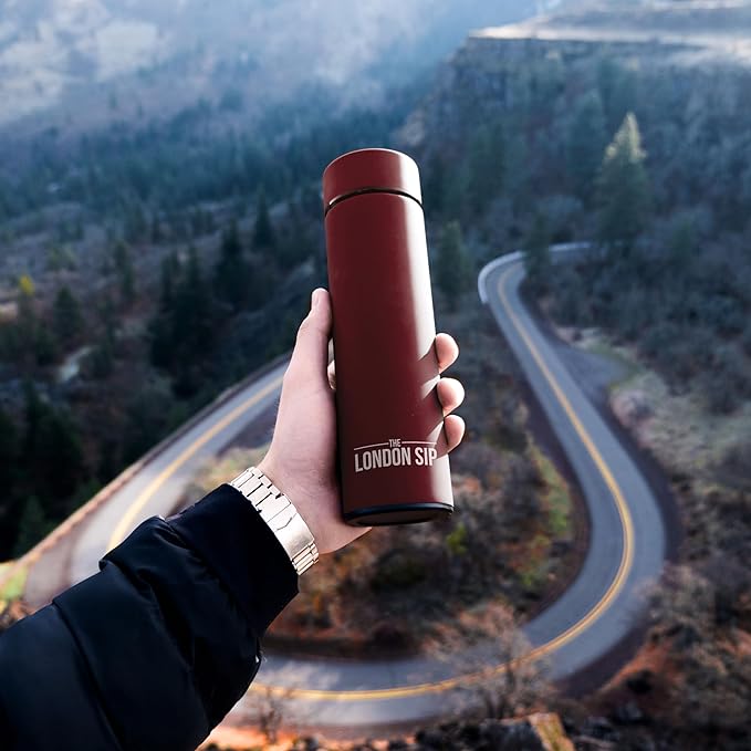 London Sip Multi-Purpose Travel Mug and Tumbler Fruit Infused Flask Hot and Cold Double Wall Stainless Steel Thermos with Extra-Long Infuser, Sacred Red