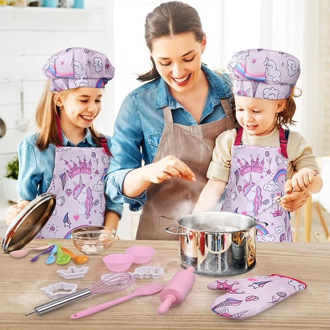 Anpro Complete Kids Cooking and Baking Set - 27 Pcs Includes Aprons for Girls, Chef Hat, Mitt & Utensil to Dress Up Chef Costume Career Role Play for 8-12 Years Girls