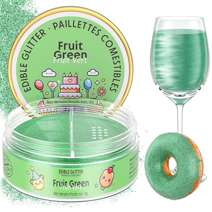Nomeca Edible Glitter for Drinks Cakes, 8 grams Food Grade Luster Dust Sprinkles Glitter for Cake Decorations, DIY Cocktails, Beverages & Cake Decorating, Dessert Cake Topper (11-Fruit Green)