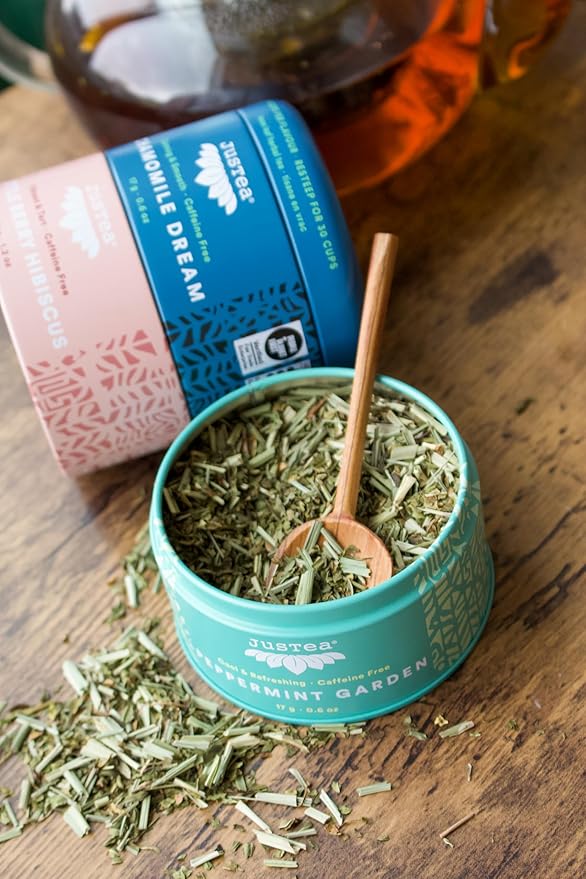 JusTea Herbal Tea Trio | Stacking Tins Variety Pack with Hand Carved Tea Spoon | Loose Leaf | Caffeine Free | Award-Winning | Fair Trade | Non-GMO