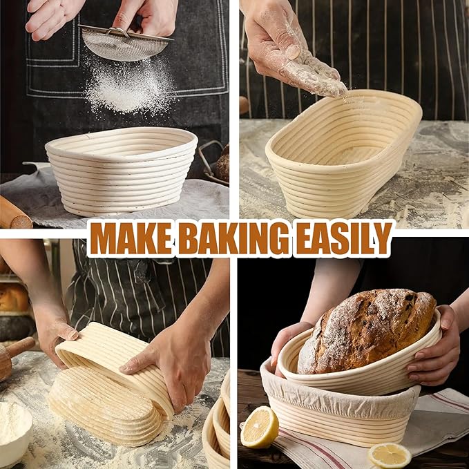 Banneton Bread Proofing Basket - Rattan Proofing Baskets for Sourdough Bread | Banneton Baskets Bowls with Linen Liners for Artisan Homemade Bread Baking (10 inch Basket Set of 2)