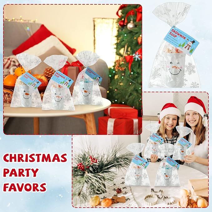 50 Sets Plastic Christmas Snowman Soup Kits for Classroom Coworker Exchange Gift 16 oz Winter Snowman Marshmallow Cups with Soup Tags Clear Xmas Bag for Hot Cocoa Chocolate