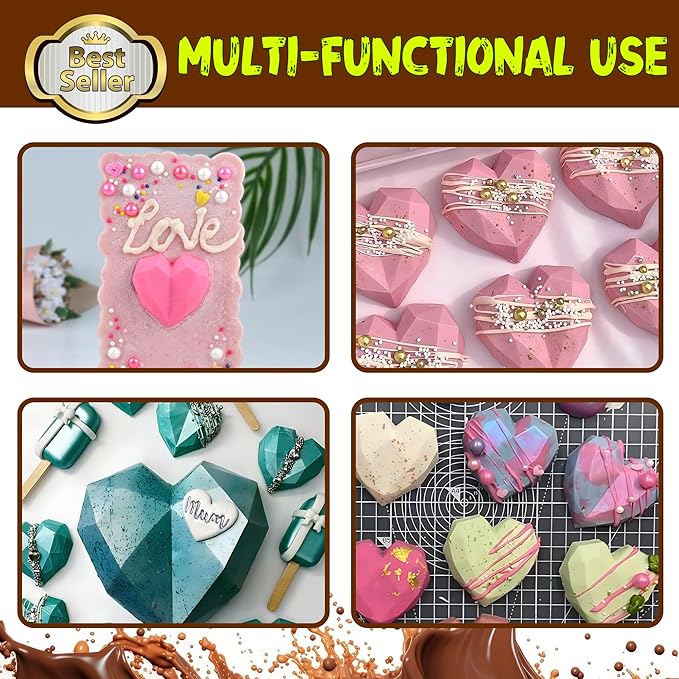 Mini Diamond Heart Shaped Chocolate Mold 15 Holes 3D Heart Candy Molds Silicone Mini Silicone Baking Pan - 4 Pack