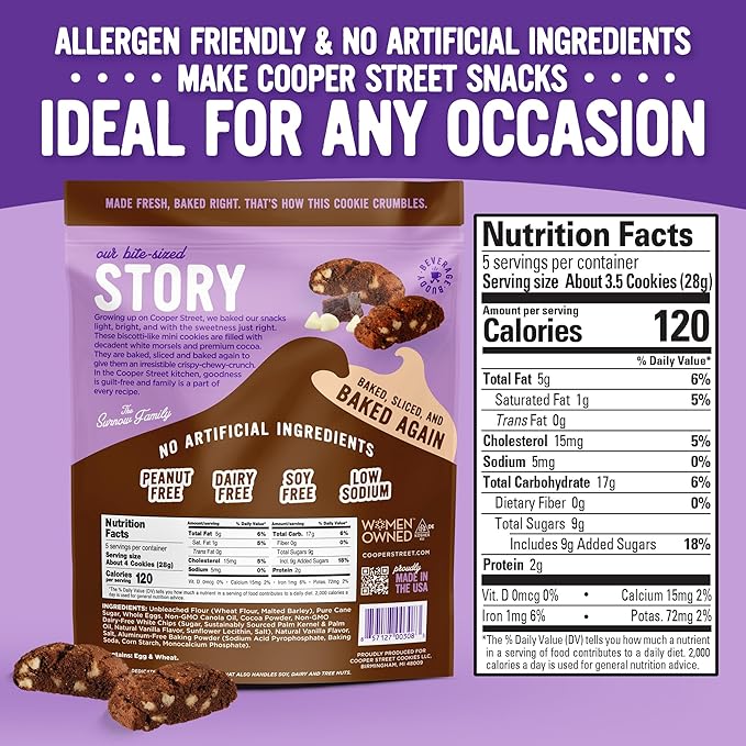 Cooper Street Twice Baked Brownie Chocolate Biscotti Cookies - Light and Crispy Coffee Cookie Bites - Traditional Low Calorie Italian Snacks for Adults & Kids - Kosher, Dairy, Peanut & Soy Free - 5oz