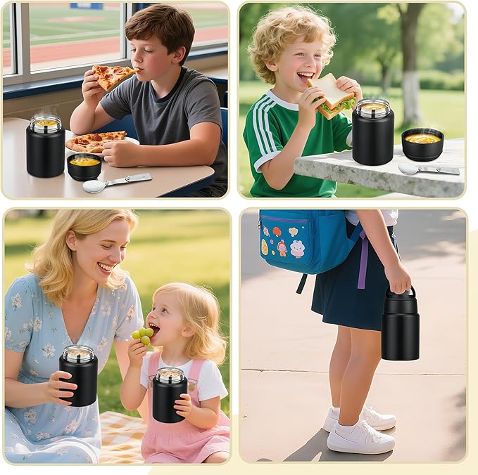 Soup Thermo for Hot Food Kids 16oz Insulated Food Jar Leakproof Thermo Lunch Container for Kids Wide-Mouth Stainless Steel Lunch Box for School with Handle Folding Spoon(3+)