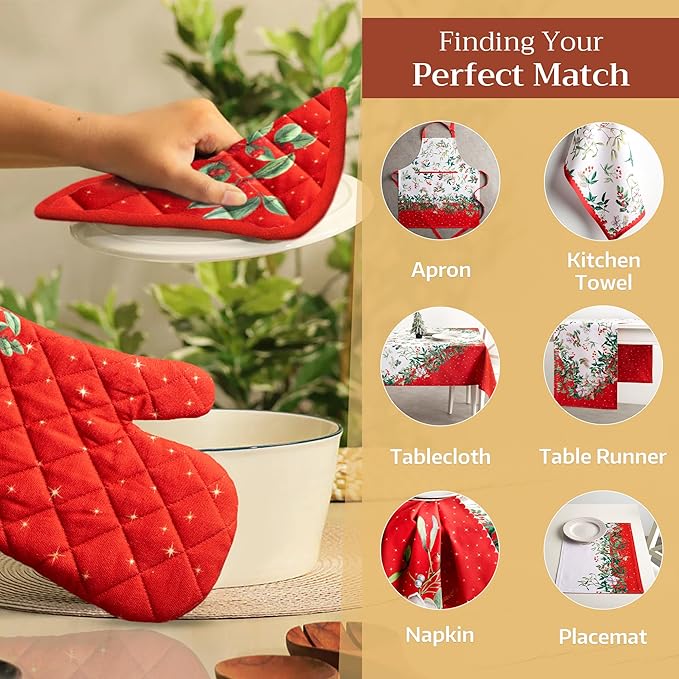Maison d' Hermine Pot Holders 100% Cotton Heat Resistant Potholders 8" x 8" Hot Pads with Loop BBQ, Cooking, Baking, Grilling, Kitchen, Handling Hot Pans (Pack of 1, Noel)