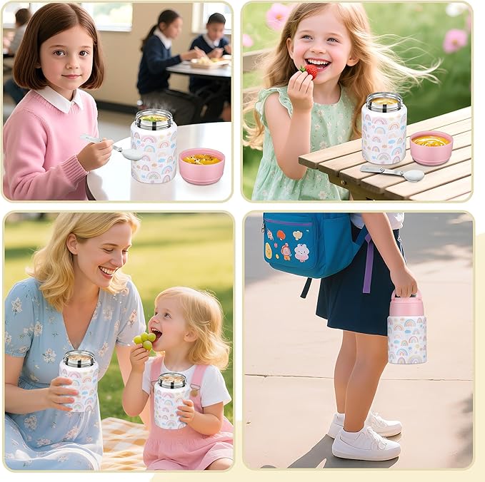 Soup Thermo for Hot Food Kids 16oz Insulated Food Jar Leakproof Thermo Lunch Container for Kids Wide-Mouth Stainless Steel Lunch Box for School with Handle Folding Spoon(3+)