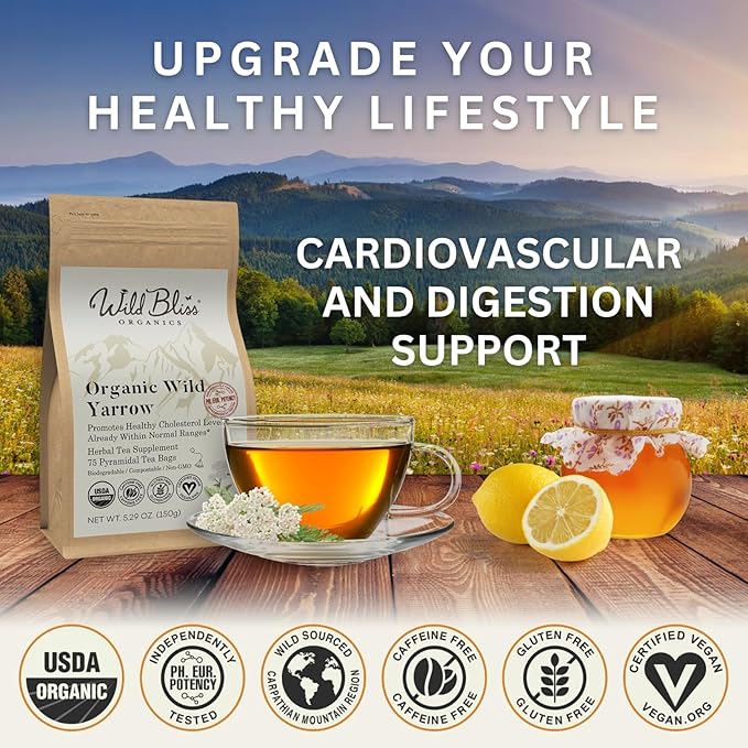 Organic Wild Yarrow Flower Herbal Tea - Caffeine Free - Pharmacopoeia Potency - 75 Plant Based Tea Bags