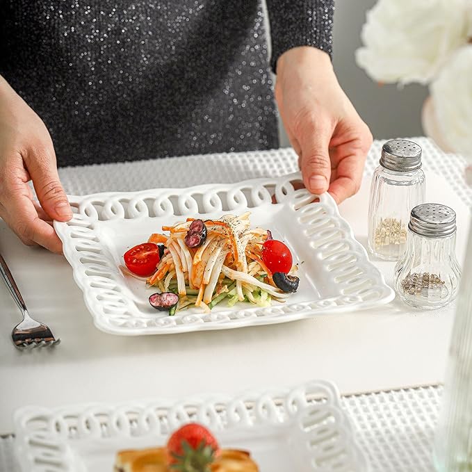 Ceramic Square Dinner Plates, 11 inch Square Serving Plate Set of 4 for Steak Pasta Salad Snacks Pizza Appetizer, New Bone Porcelain Plates with Lace Rim, Party Wedding Birthday Christmas Gift, White
