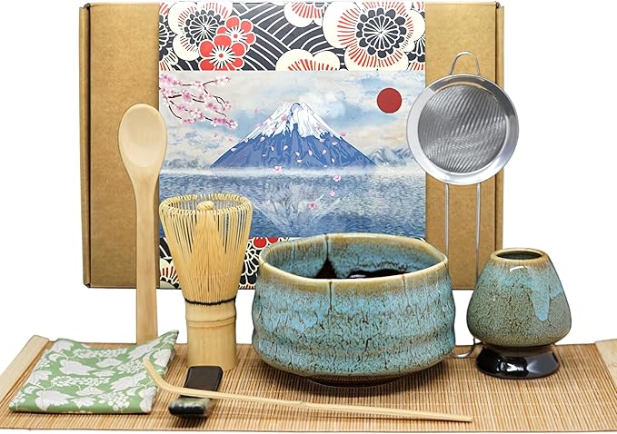 Annie & Mia Design Matcha Whisk Set (9pcs), Japanese Tea Matcha Set includes Ceramic Matcha Bowl, Bamboo Matcha Whisk(chasen), Ceramic Matcha Whisk holder, Bamboo Matcha Scoop (chashaku). Blue color
