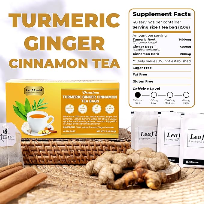 LeafLea Turmeric Ginger Cinnamon Tea, 120 Individually Wrapped Tea Bags, 100% Natural Herbal Blend with Pure Ginger and Turmeric, Supports Digestion & Immune Health, Caffeine-Free, No Sugar