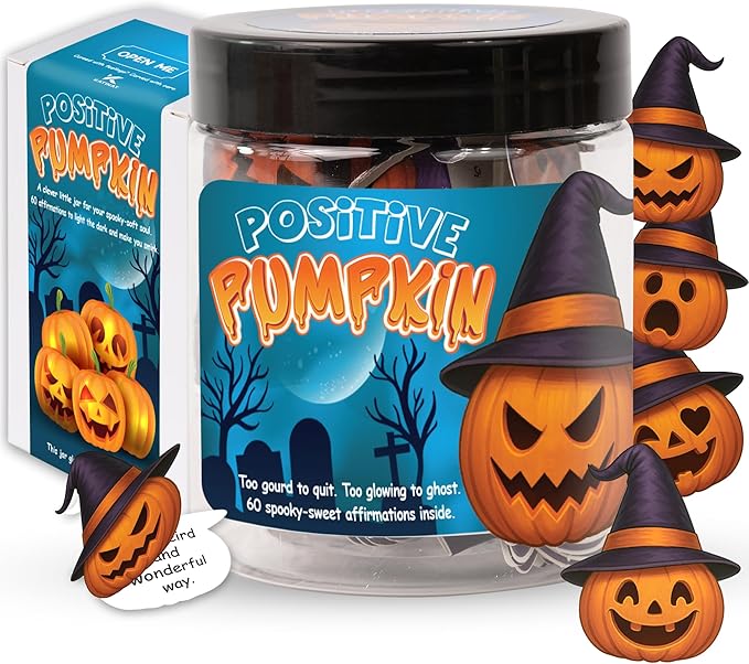 Positive Pumpkin Jar, Affirmation Jar – Halloween Gifts for Kids, Teens, Women – 60 Cute Pumpkin Cards for Emotional Support, Halloween Decor, Trick or Treat Basket Stuffer