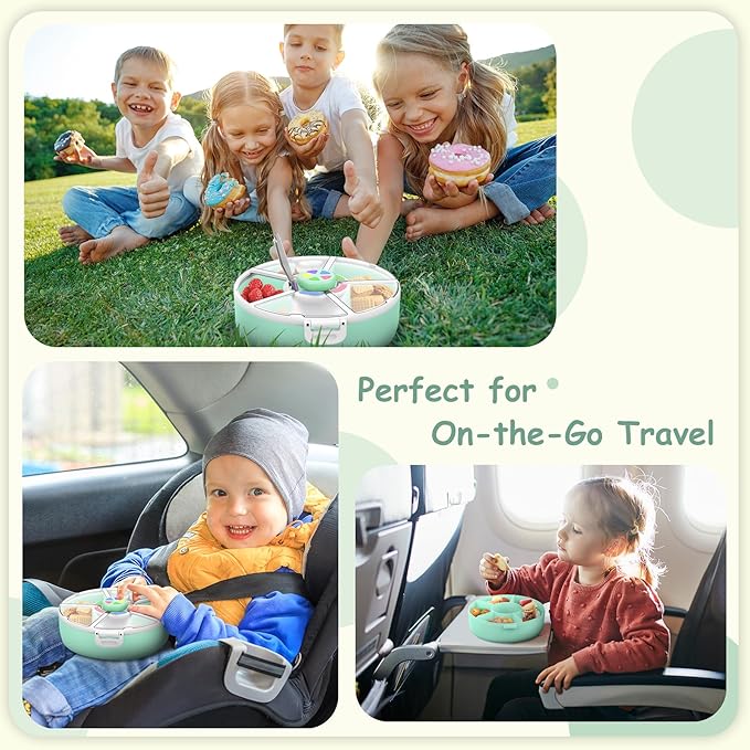 Kids Reusable Rotating Snack Container with 5 Separate Compartments, Color Matching Opening Lid,BPA/PVC-Free, Dishwasher Safe, Perfect for Travel, School Lunches & On-the-Go Snacking-Green