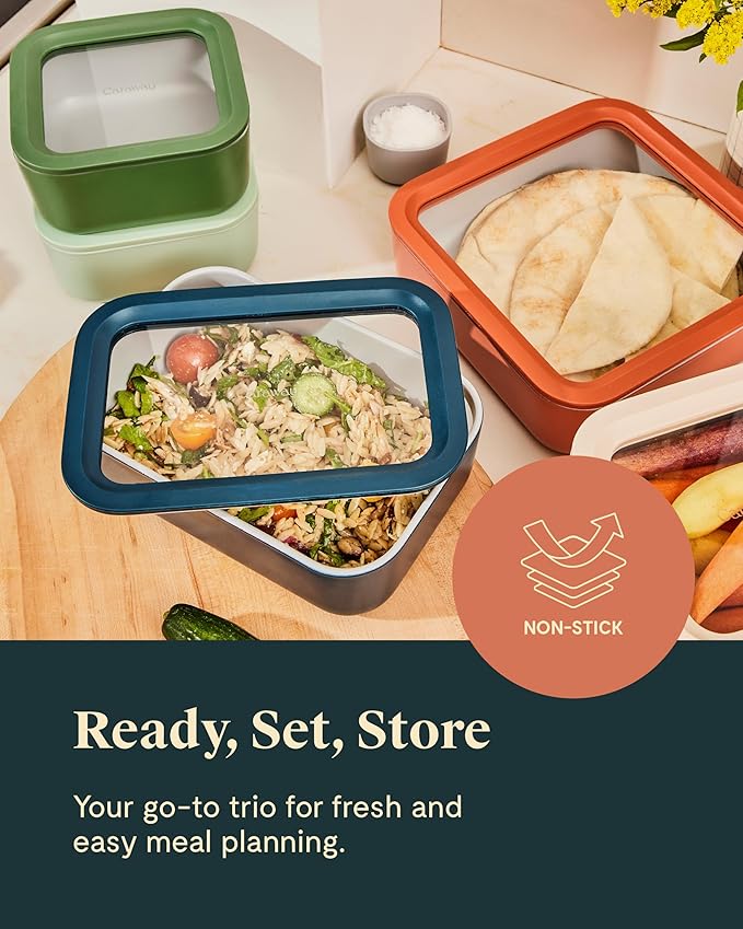 Caraway 3pc Glass Food Storage Set – 10 Cup, 6.6 Cup, & 4.4 Cup Food Containers - Ceramic Coated - Non Toxic Non Stick Lunch Box with Glass Lids - Dishwasher, Oven, & Microwave Safe - Sage