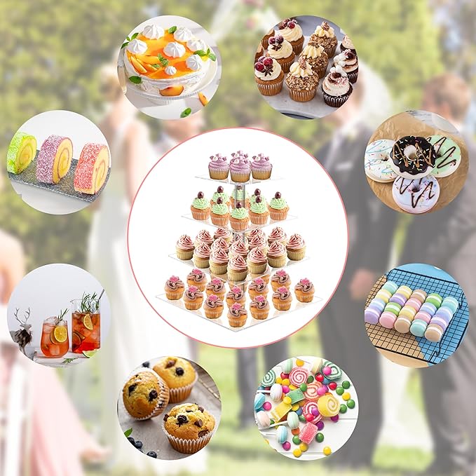 YestBuy 4 Tier Acrylic Cupcake Stand, Premium Cupcake Holder, Acrylic Cupcake Tower Display Cady Bar Party Décor â Display for Pastry(4.7" Between 2 Layers)