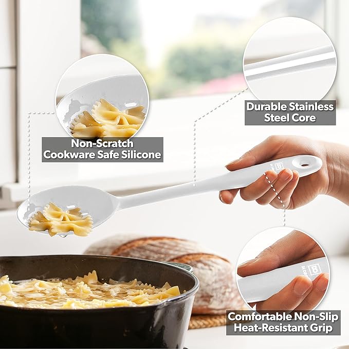 DI ORO Silicone Spoons for Cooking - Large Kitchen Utensils for Mixing, Serving, & Stirring - 600F Heat-Resistant Non Stick - Big Solid & Slotted Basting Spoons - Dishwasher Safe (2pc, Stone)
