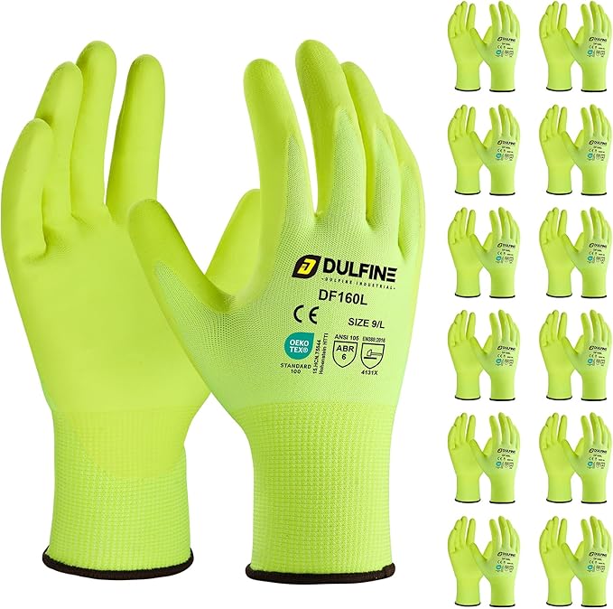 DULFINE Work Gloves for Men and Women,Hi-Vis Yellow Knit Nylon Glove with MicroFoam Nitrile Coated-12 Pairs Pack,Ideal for General Purpose,Automotive,Home Improvement,Painting(Large)