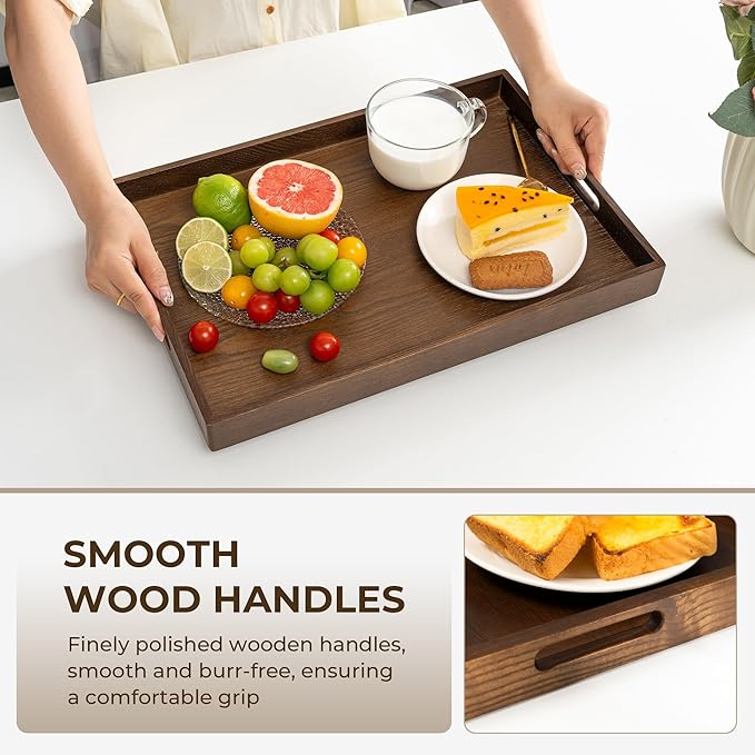 Axeman Wooden Serving Tray with Wood Handles|Ottoman Tray for Breakfast, Bed, Couch|17x12in Ash Wood Coffee Table Trays|Food Drinks Decorative Storage Boards for Ottoman Kitchen, Walnut