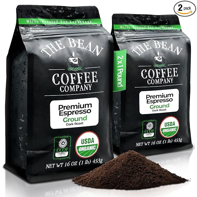 The Bean Organic Coffee Company Premium Espresso, Dark Roast, Ground Coffee, 16-Ounce Bags (Pack of 2),Café molido tostado organico