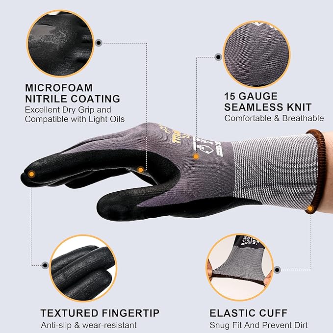TitanFlex Work Gloves Microfoam Nitrile Coated Men Women, Safety Warehouse Gloves with Grip, Touchscreen, Seamless Knit Nylon