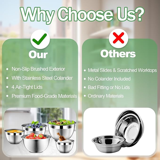 Mixing Bowls with Lids Set, Stainless Steel Mixing Bowls with Colander, Strainer with Mixing Bowl Set, Kitchen Gadgets Bowl Christams Gift, Size 4, 2.5, 2, 1.5QT - Black