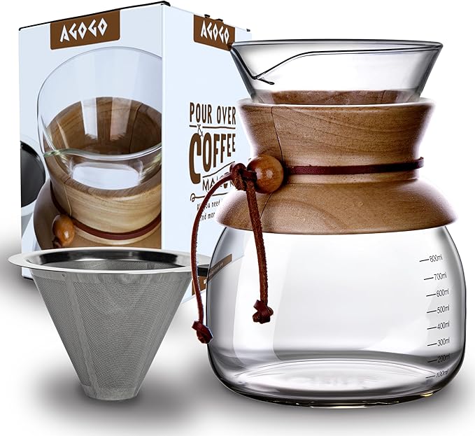 AGOGO Pour Over Coffeemaker Dripper with 304 Stainless Steel Filters Carafe High Capacity 8 Cup