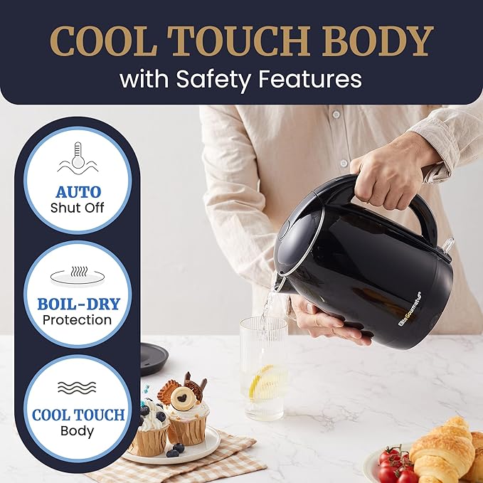 Elite Gourmet EKT1821 1.8L Double Wall Insulated, Cool-Touch 1500W Kettle w/Stainless Steel Interior & Lid, 360° Swivel Base for Cord Free Serving, Power On Lever, Auto Shut-Off, Boil Dry, Black