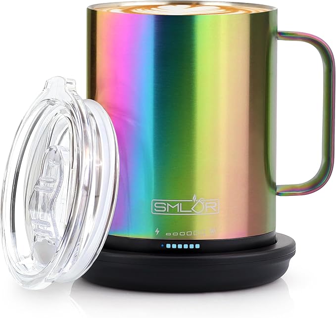 SMLDR Pro Heated Mug, 14 oz Smart Mug, Self-Heating, Adjustable Temperature, Battery Powered Heated Coffee Mug, Quick Recharge Time, Great for Coffee & Tea, Excellent Gift (Rainbow)