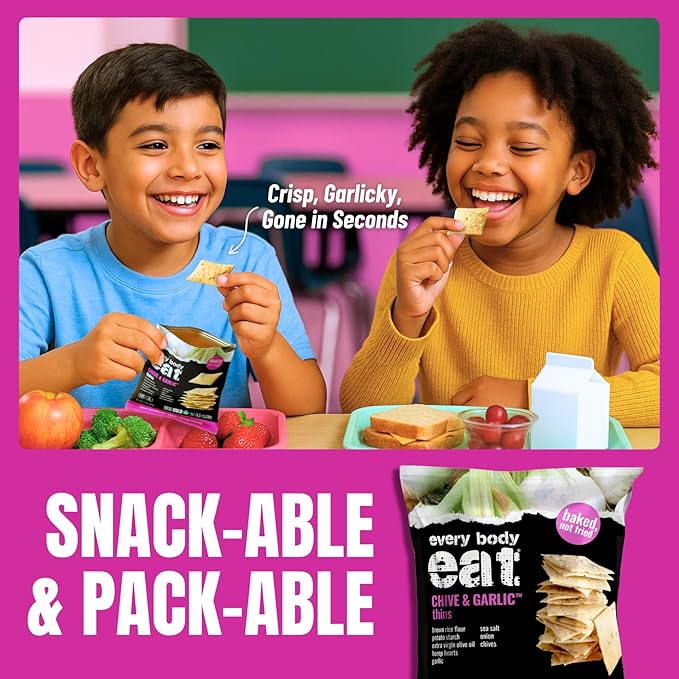 Every Body Eat Snack Thins, Gluten & Dairy Free, Vegan, School Safe Lunch Snacks, Chive & Garlic (20 Single Serve Bags, 1.1oz)