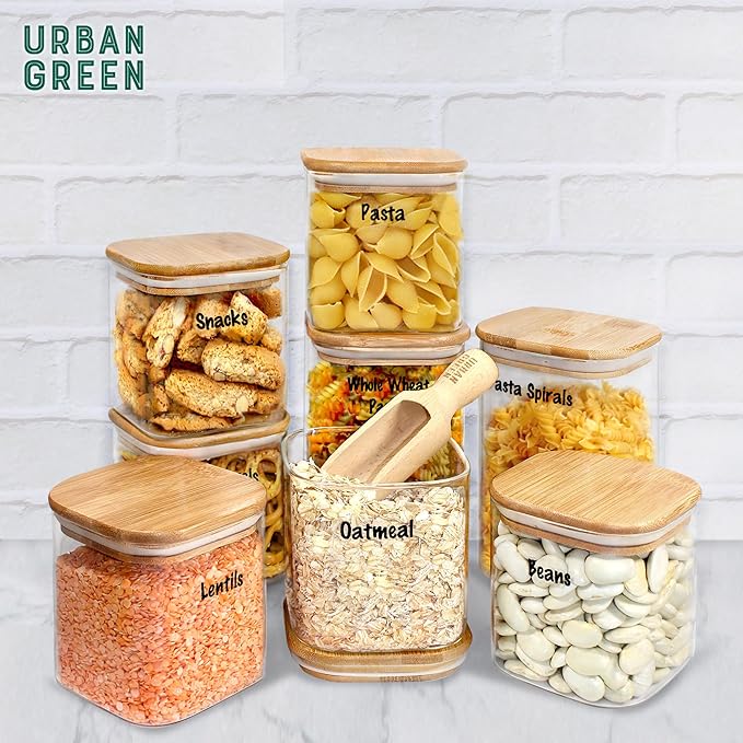 Urban Green Glass Jars with Airtight Lids, Airtight Glass Canisters with Locking Lids, (Bamboo-6P-24oz)