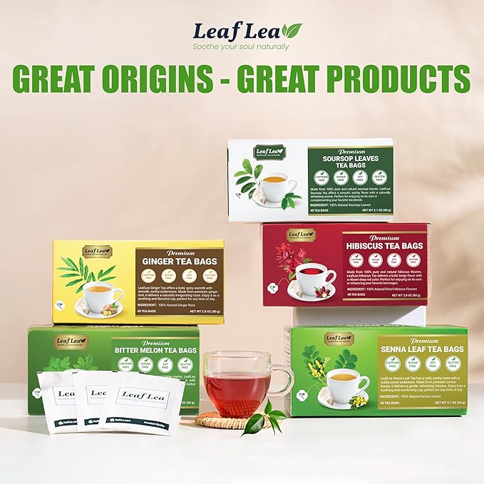 LeafLea 40 Senna Tea Bags – 100% Pure Senna Leaves, Herbal Laxative Tea for Gentle Constipation Relief, Caffeine-Free, Sugar-Free, Gluten-Free, Non-GMO, Vegan, Supports Digestive Health