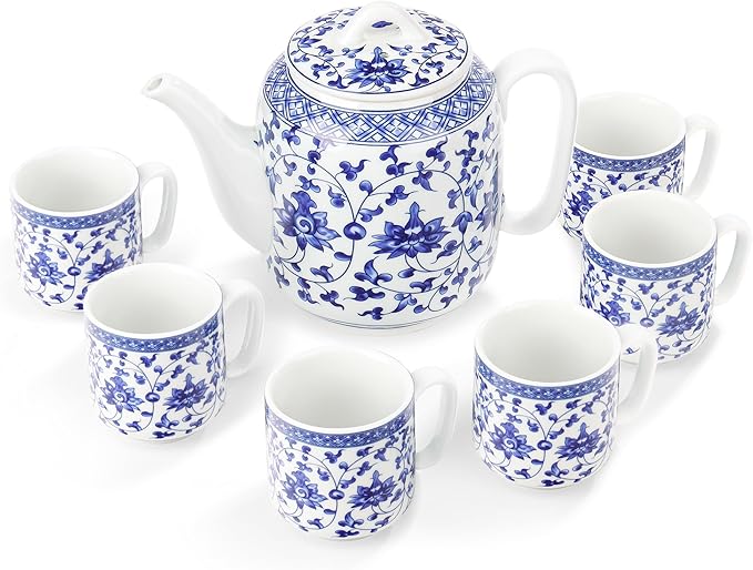 fanquare Chinese Blue and White Porcelain Teapot Set Traditional Kung Fu Tea Sets with 6 Cups for Loose Leaf Tea Adults