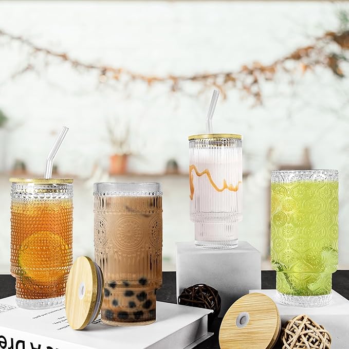 11 oz Drinking Glasses Cups Set of 2 with Bamboo Lids Straws Brush Vintage Small Glassware Set for Mojito Iced Coffee Cocktail Whiskey(Ribbed & Hobnail)