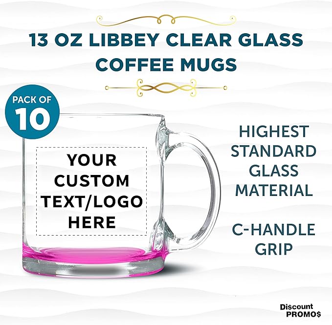 Custom Libbey Clear Glass Coffee Mugs 13 oz. Set of 10, Personalized Bulk Pack - Perfect for Coffee, Tea, Espresso, Hot Cocoa, Other Beverages - Pink Bottom