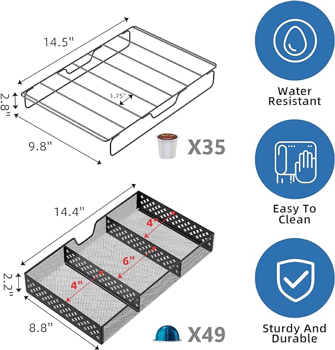 Simple Trending Coffee Pod Holder for K Cups, with 2 Tier Slidng Storage Drawer and Coffee Accessories Holder, 63 Large or 80 Small Capsule Organizer, Black
