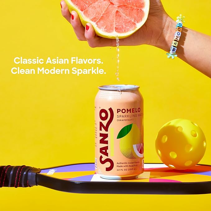 Sanzo Flavored Sparkling Water - Pomelo Grapefruit Soda - Low Calorie Low Sugar Soda - Craft Asian Drinks - Vegan Gluten Free Carbonated Flavored Water - Fizzy Bubbly Healthy Drinks - 12oz, 12 Pack