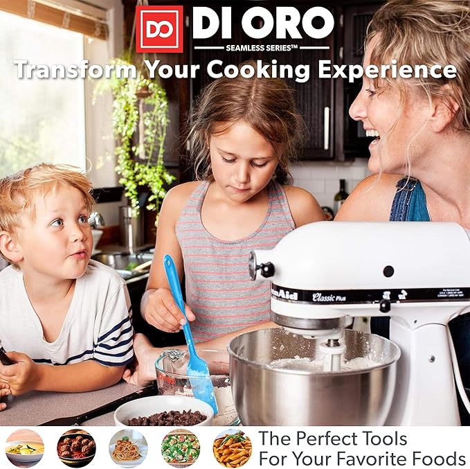 DI ORO Silicone Mixing & Serving Spoons - Large Heat-Resistant Non Stick Utensils Big Solid & Slotted Basting Spoons - Dishwasher Safe (2pc, Blue)