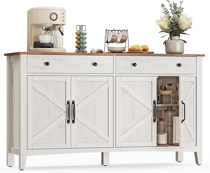 VASAGLE LIRY Collection - Buffet Cabinet, Coffee Bar Cabinet with 2 Drawers, Adjustable Shelves, Sideboard Storage with Cable Holes, Drawer Dividers, Rustic White and Honey Brown UBBK381W01