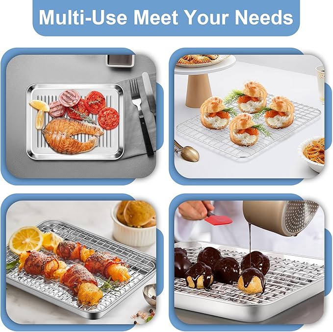 TeamFar Toaster Oven Pan with Cooling Rack, Stainless Steel Mini Baking Tray for Compact Toaster Oven, 9 Inch, Corrugated Bottom & Grid Mesh, Healthy & Heavy-Duty, 1 Pan + 1 Rack