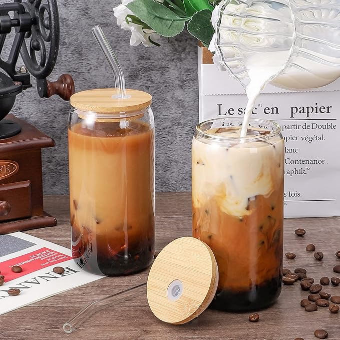 Glass Cups with Lid and Straw, 16oz Beer Glasses Glass Coffee Cups, Iced Coffee Cups with Lid, Glass Tumbler with Straw and Lid (2 PACK)