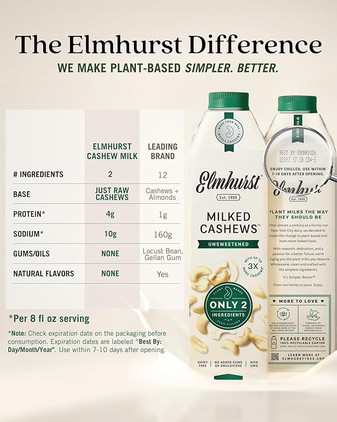 Elmhurst 1925 Cashew Milk Unsweetened - 32 Ounce (Pack of 6) Dairy-Free, Gluten-Free, Vegan, Kosher, Shelf Stable Milk Made with Water & Cashew for Healthier, Simpler Plant-Based Alternatives
