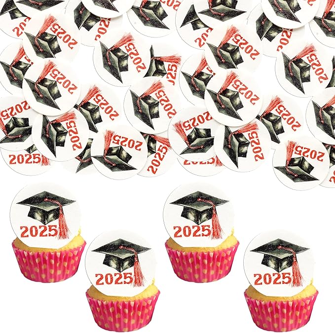 Gyufise 48Pcs Edible 2025 Graduation Cap Cupcake Toppers Wafer Paper Class of 2025 Grad Cap Cupcake Picks for 2025 Graduation Theme Party Cake Decorations Supplies Red